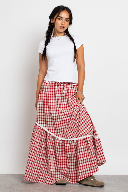 Daisy Street - Asymmetric Seam Red Check Maxi Skirt