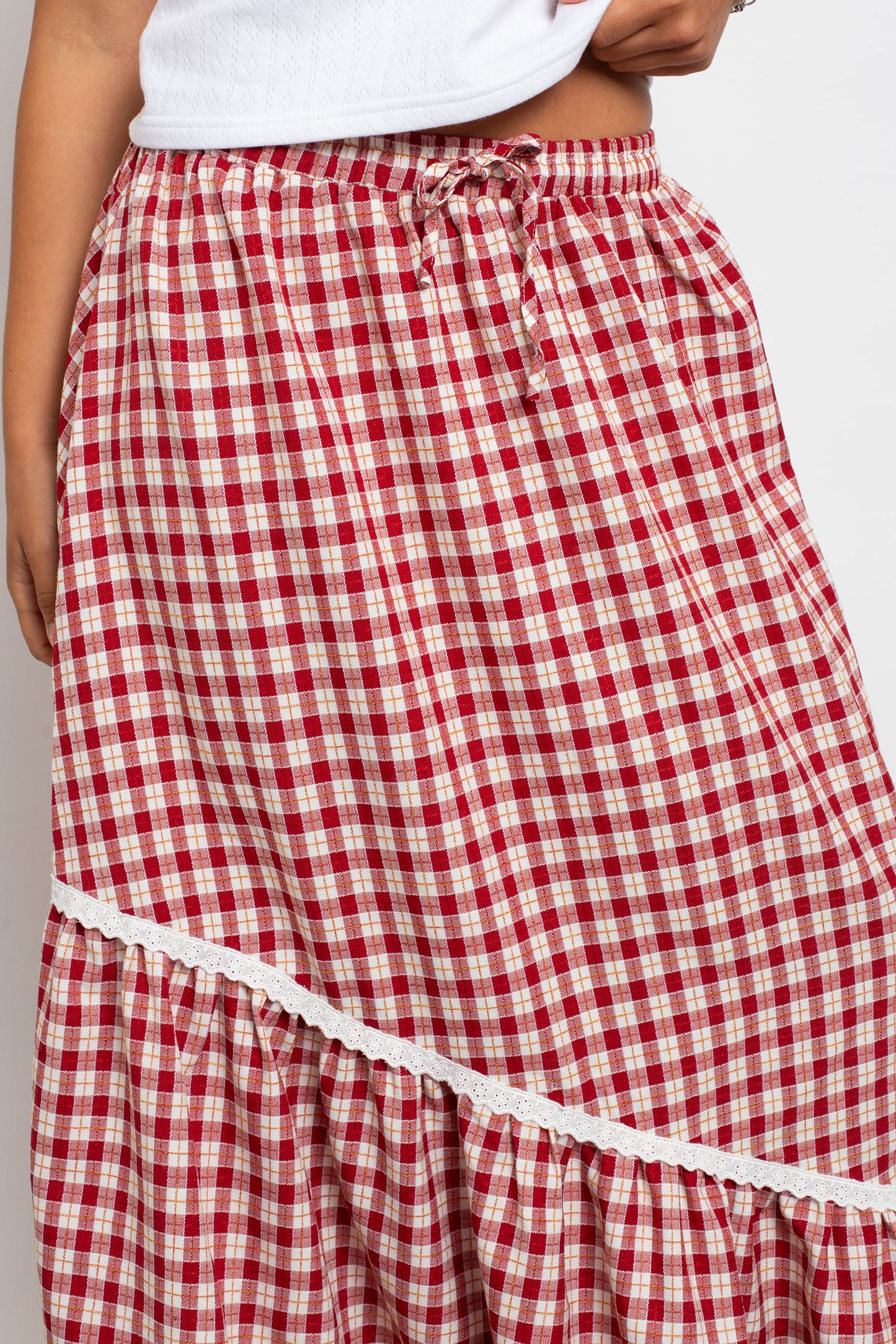 Daisy Street - Asymmetric Seam Red Check Maxi Skirt