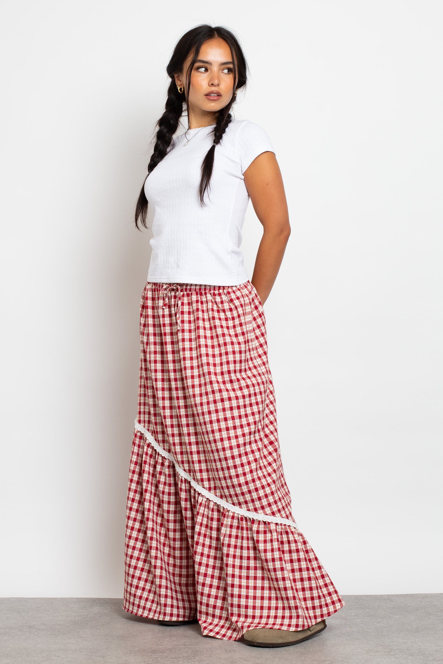 Daisy Street - Asymmetric Seam Red Check Maxi Skirt