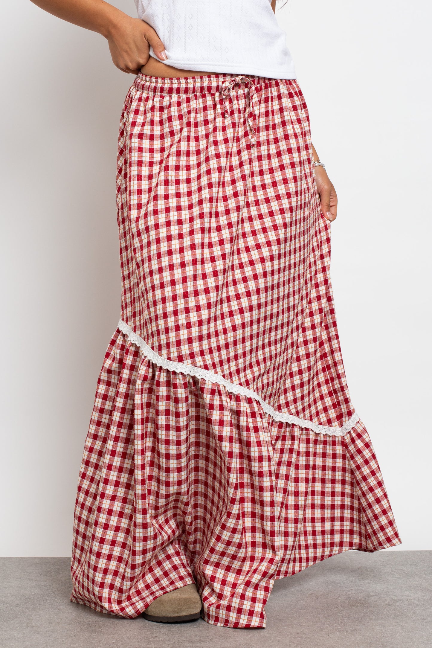 Daisy Street - Asymmetric Seam Red Check Maxi Skirt