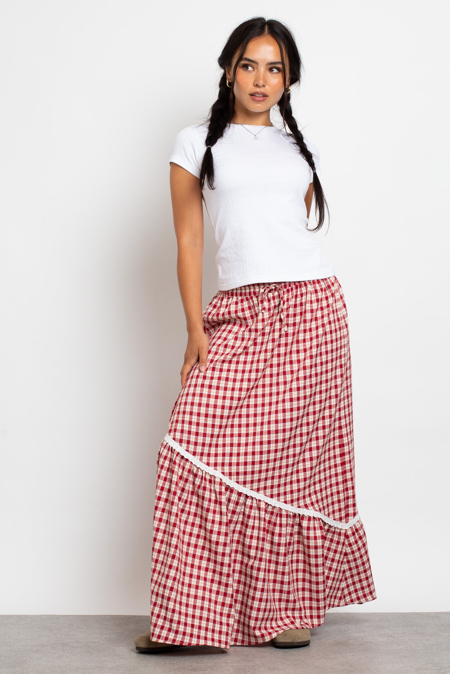 Daisy Street - Asymmetric Seam Red Check Maxi Skirt