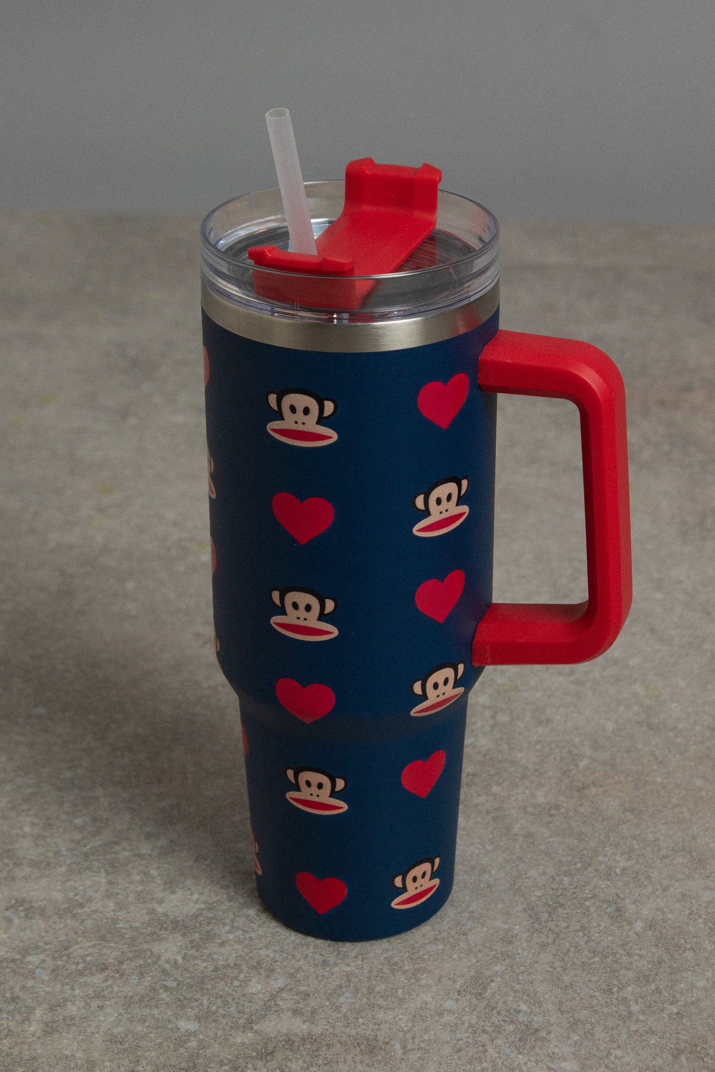 Daisy Street x Paul Frank - Navy Travel Cup with Red Handle with Julius Heart Print