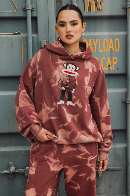 Daisy Street x Paul Frank - Spray Effect Burgundy Hoodie with Julius Printed Graphic