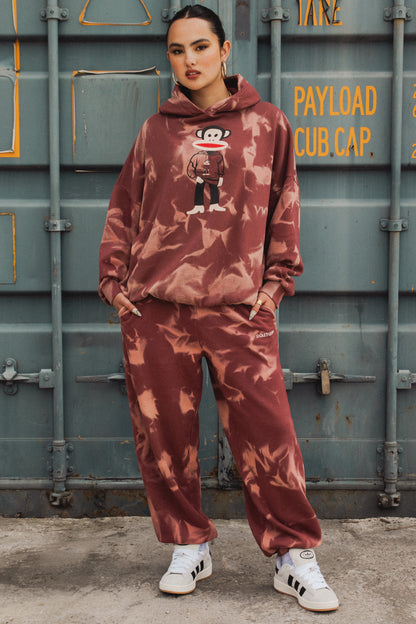 Daisy Street x Paul Frank - Spray Effect Burgundy Hoodie with Julius Printed Graphic