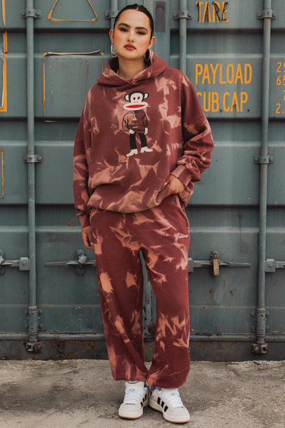 Daisy Street x Paul Frank - Spray Effect Burgundy Hoodie with Julius Printed Graphic