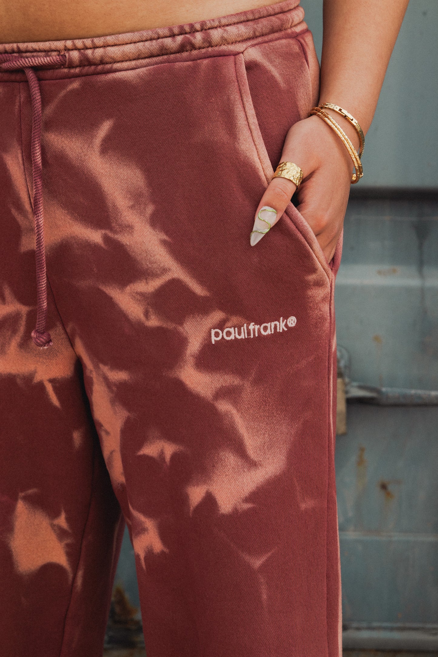 Daisy Street x Paul Frank - Spray Effect Burgundy Joggers with Embroidered Branding