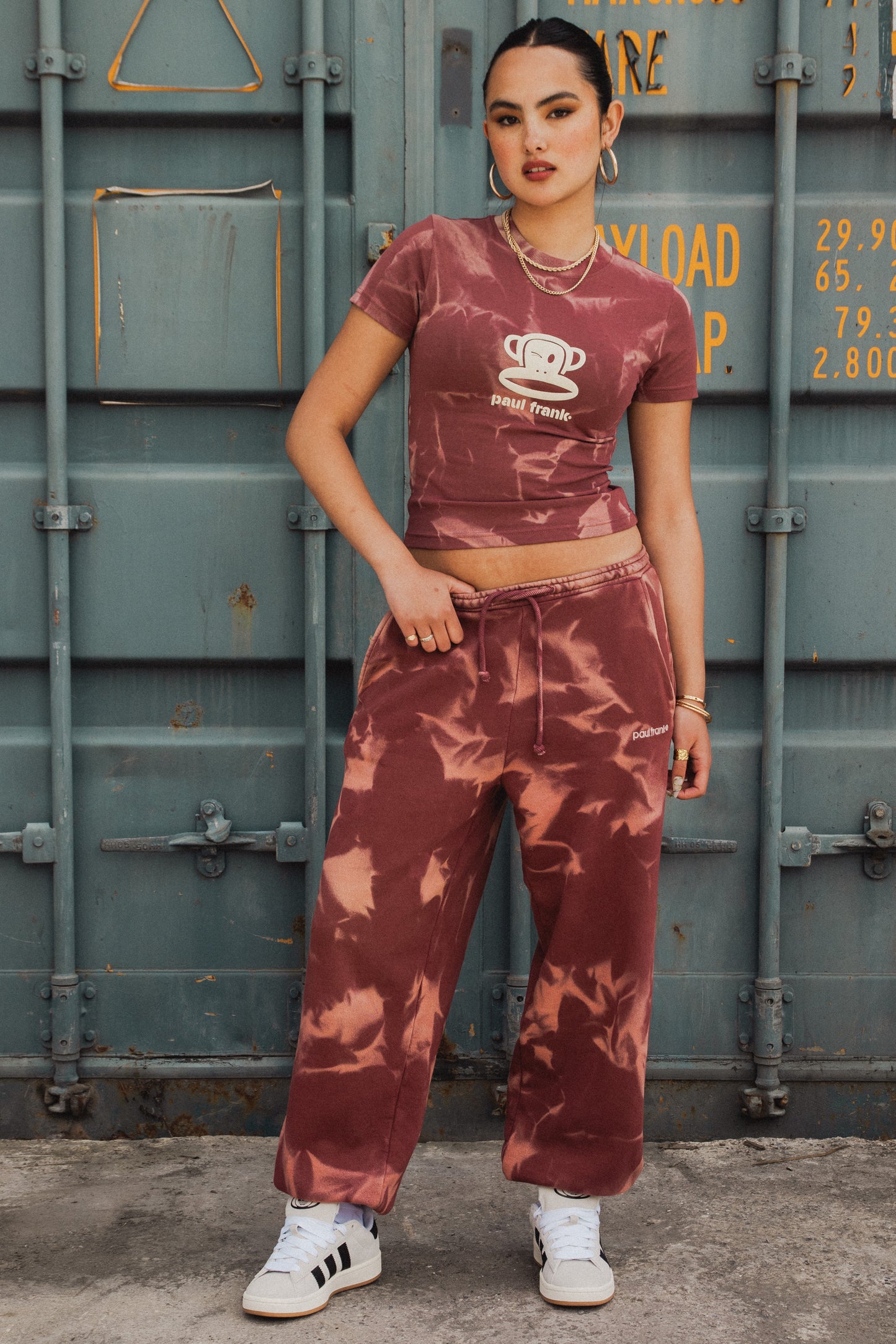 Daisy Street x Paul Frank - Spray Effect Burgundy Joggers with Embroidered Branding