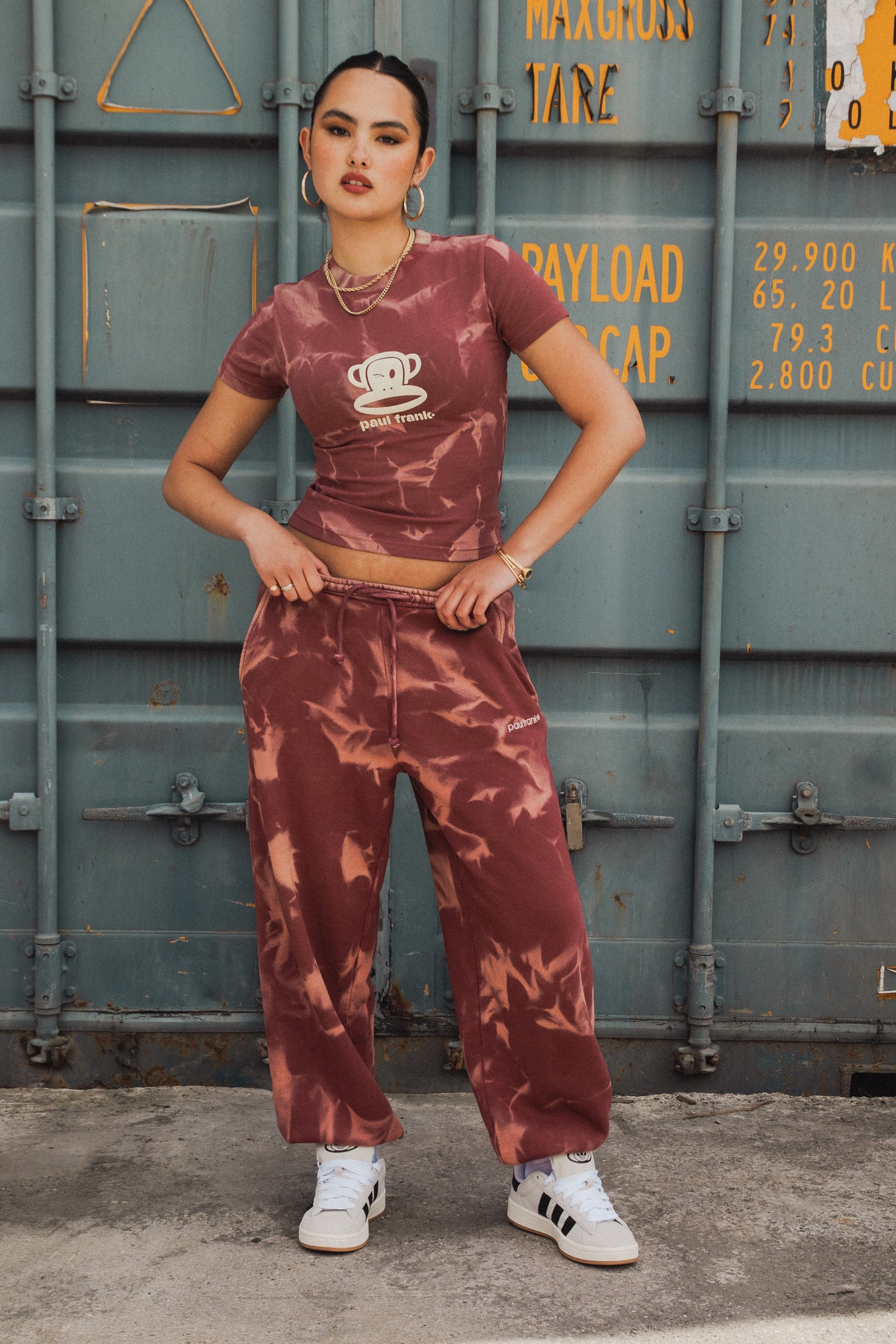 Daisy Street x Paul Frank - Spray Effect Burgundy Joggers with Embroidered Branding