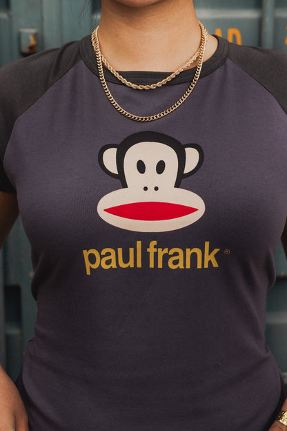 Daisy Street x Paul Frank - Grey Raglan Cropped Tee with Julius Face