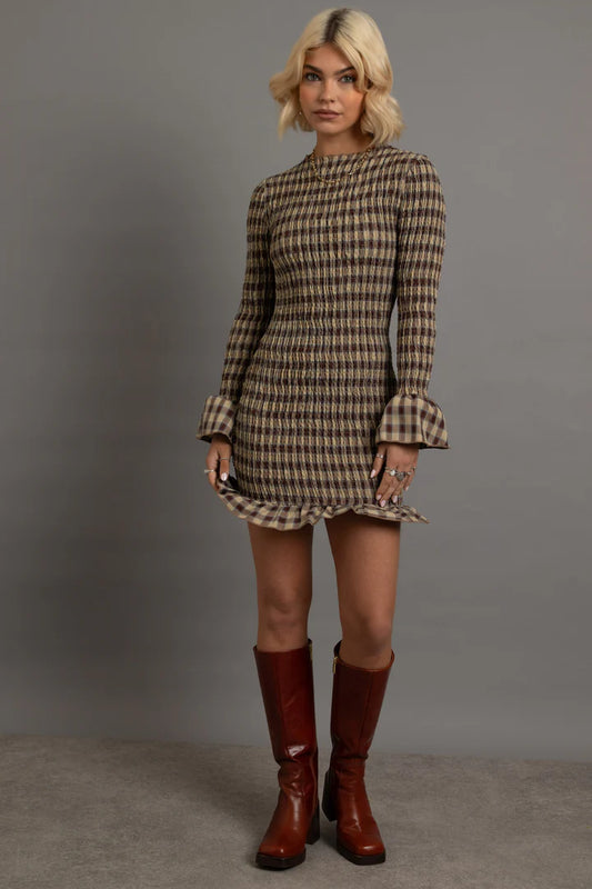 Daisy Street - Long Sleeve Gingham Shirred Mini Dress