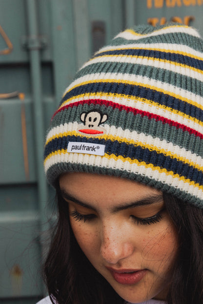 Daisy Street x Paul Frank - Knitted Stripe Beanie Hat with Embroidered Julius