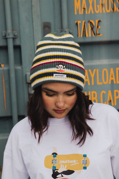 Daisy Street x Paul Frank - Knitted Stripe Beanie Hat with Embroidered Julius