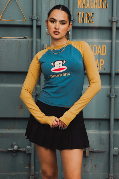 Daisy Street x Paul Frank - Mustard & Teal Raglan Top with Winking Julius