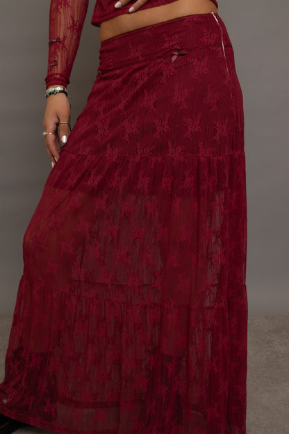 Daisy Street - Red Lace Maxi Skirt with Bow Detail