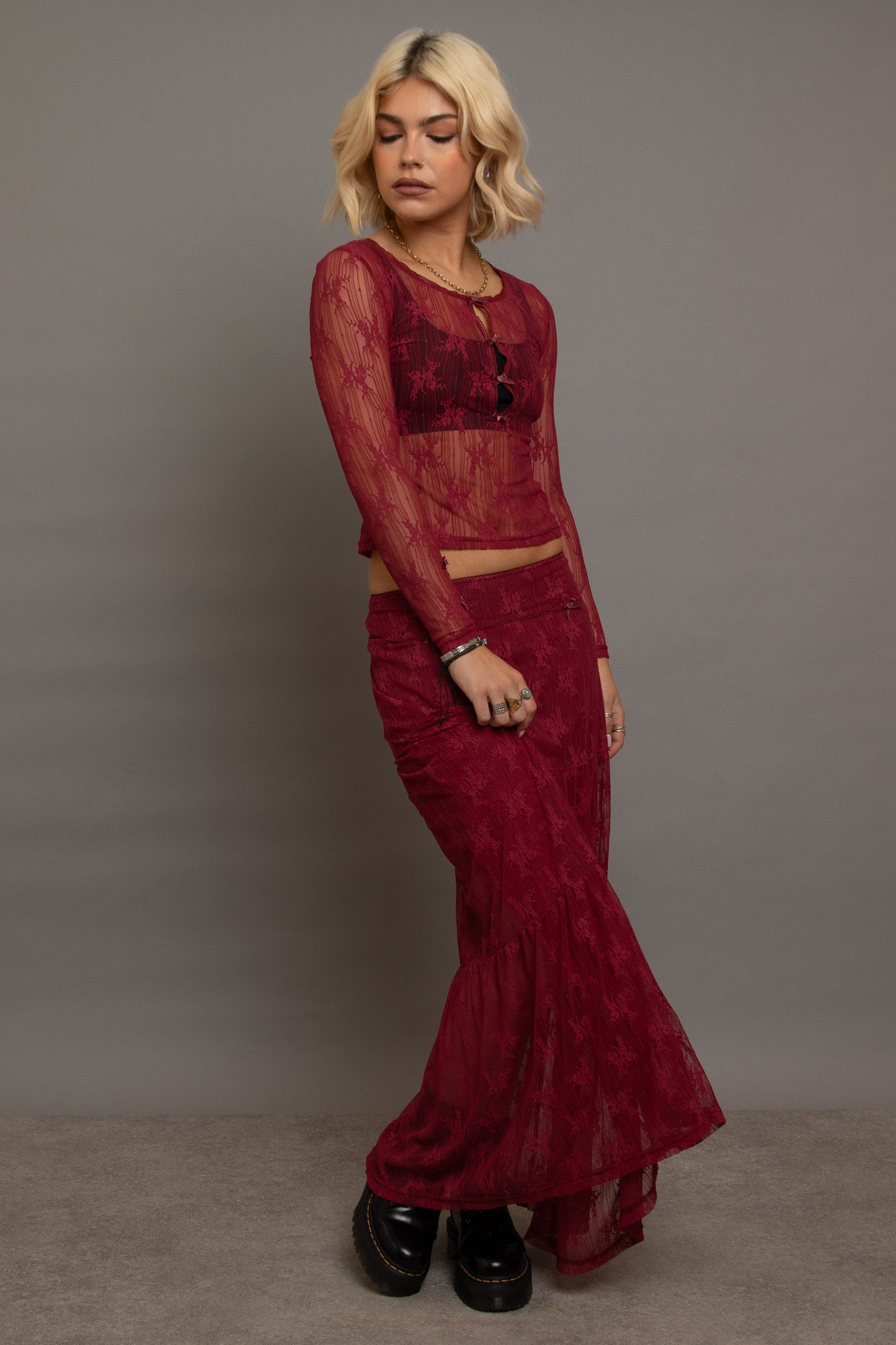 Daisy Street - Red Lace Maxi Skirt with Bow Detail