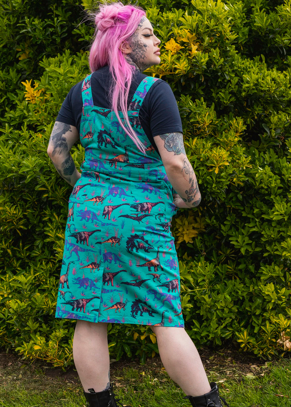 Run & Fly - Jade Dino Print Stretch Twill Long Pinafore Dress