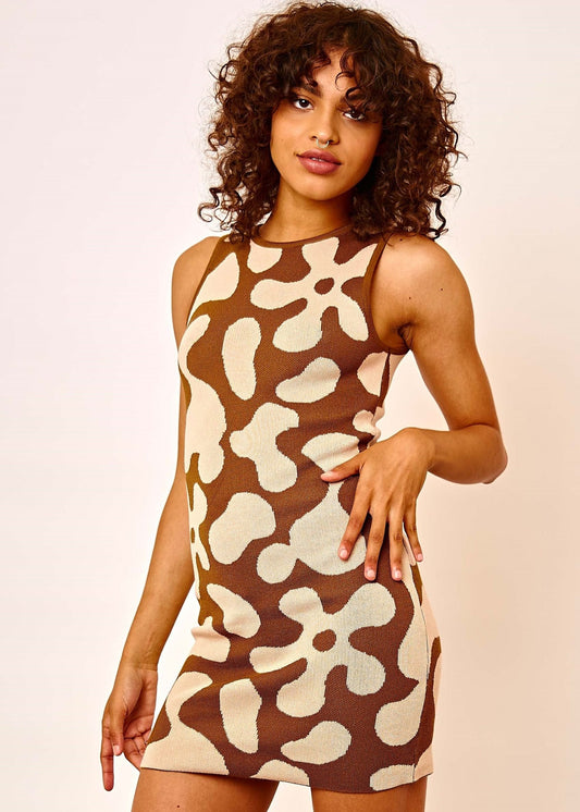Daisy Street - Brown Abstract Flower Knitted Mini Dress