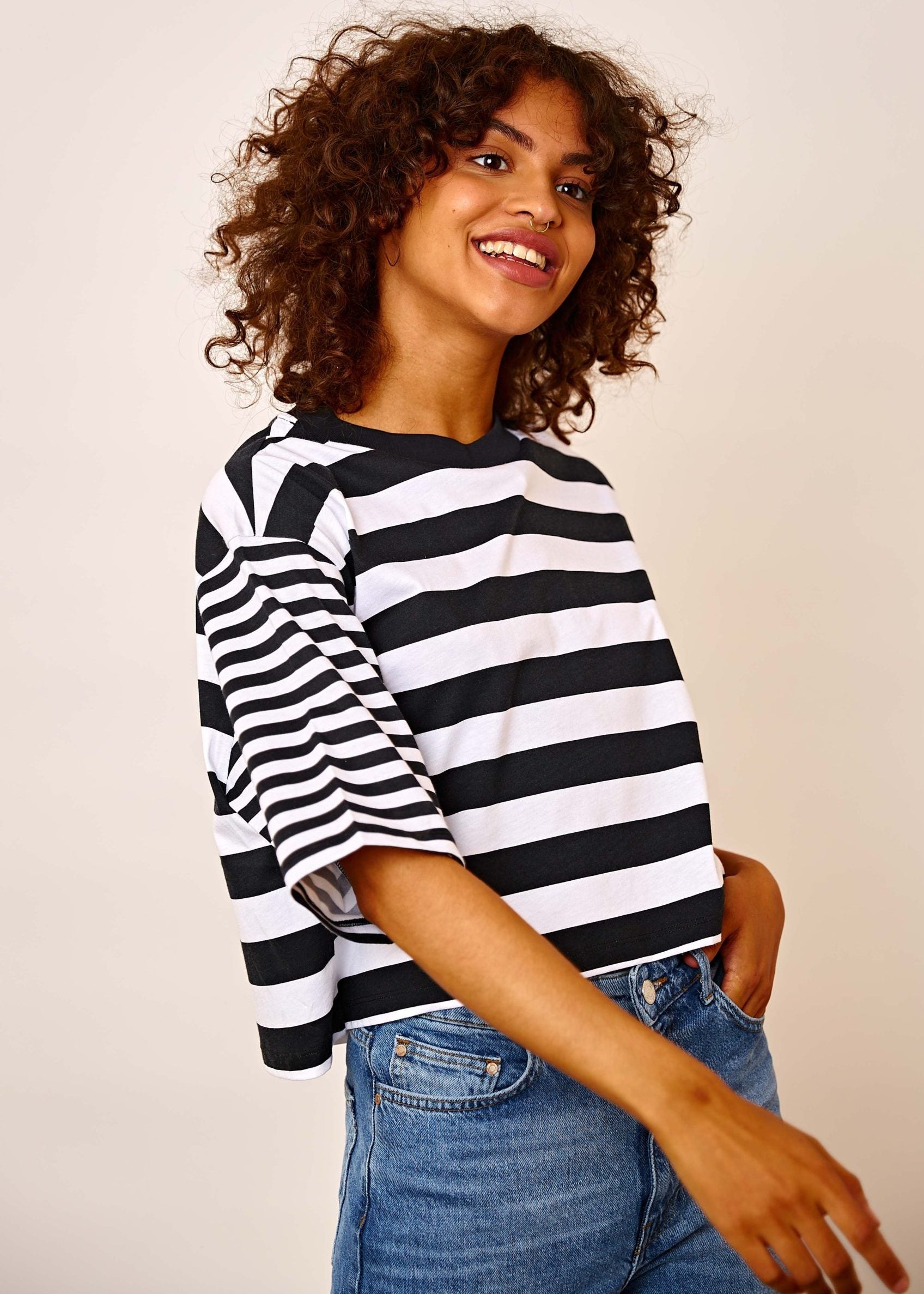 Daisy Street - Black And White Striped Crop Tee